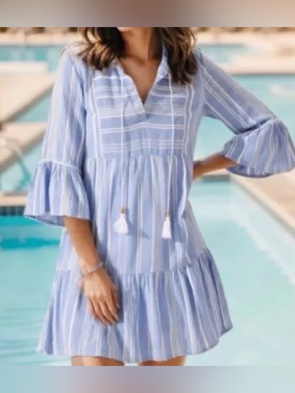 Tommy Bahama Blue and White Just Beachy Tiered Dress with Ruffle Sleeves.  Sz XS